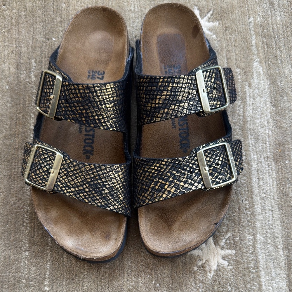 Birkenstock Black and Gold Textured Sandals